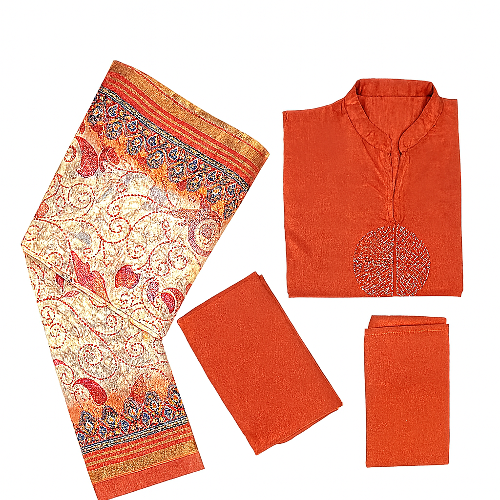 Women’s Rust Orange Kurta Palazzo Set with Ethnic Printed Dupatta