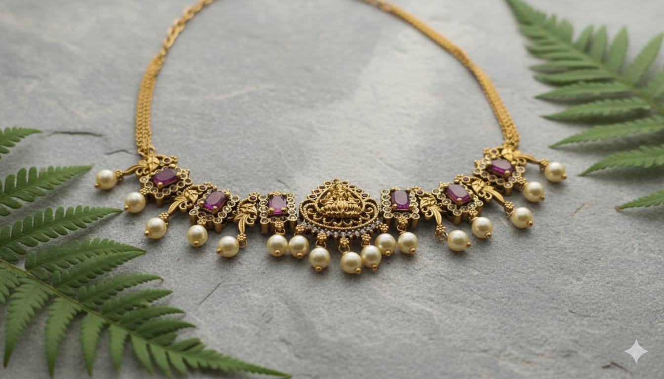 Traditional Lakshmi Temple Necklace with Ruby Stones & Pearl Drops – Antique Gold Finish