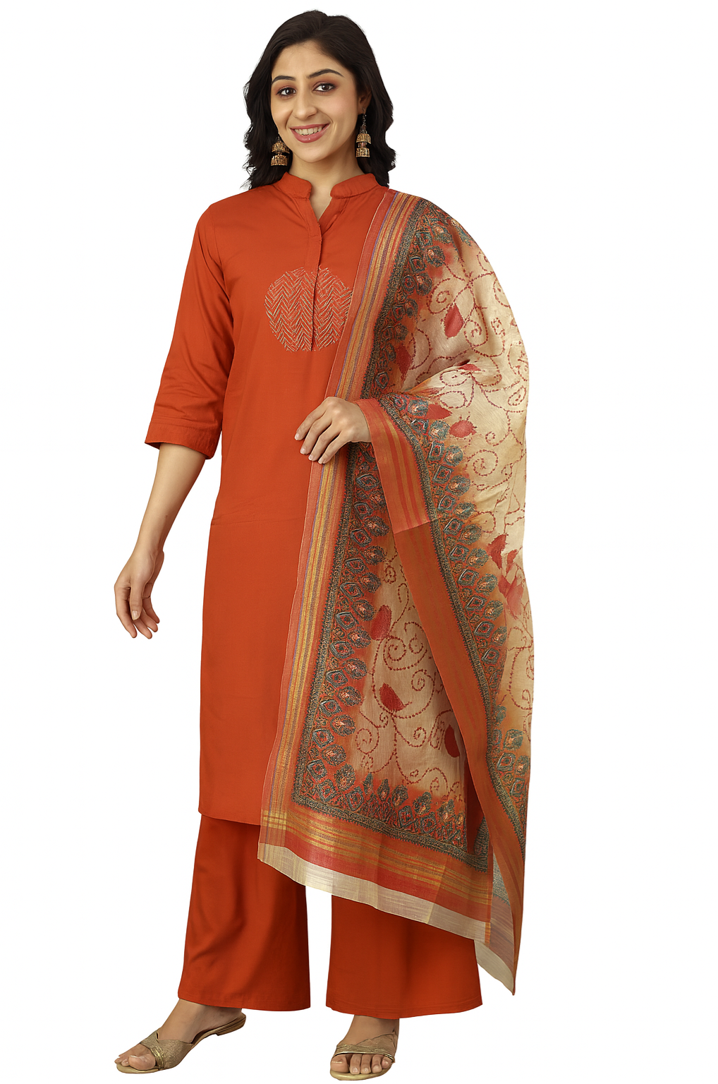 Women’s Rust Orange Kurta Palazzo Set with Ethnic Printed Dupatta