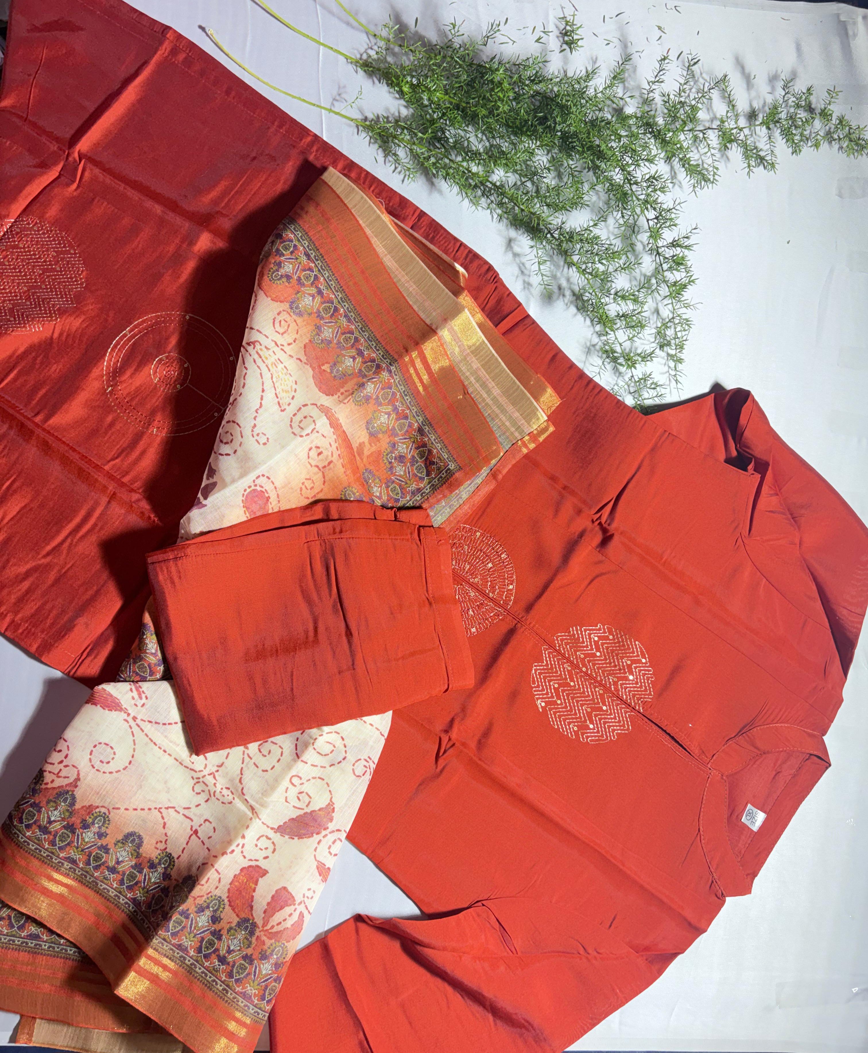 Women’s Rust Orange Kurta Palazzo Set with Ethnic Printed Dupatta