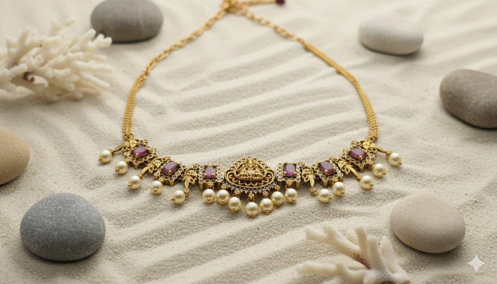 Traditional Lakshmi Temple Necklace with Ruby Stones & Pearl Drops – Antique Gold Finish